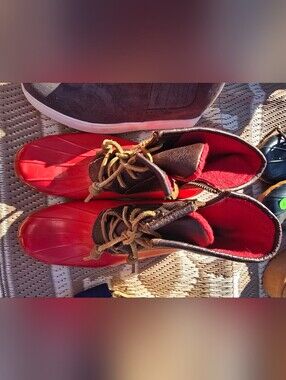 Women's Red Duck Boots with Brown Upper and Lace Closure